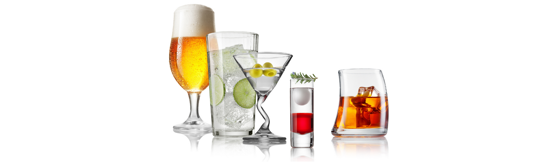 Assorted cocktails and mixed drinks, including a martini and whiskey on ice, arranged on a white background