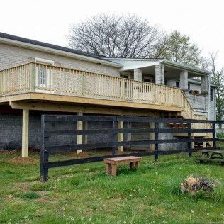 A house with a large deck and a fence around it.