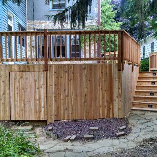 A wooden deck with stairs and a wooden fence in front of a house.