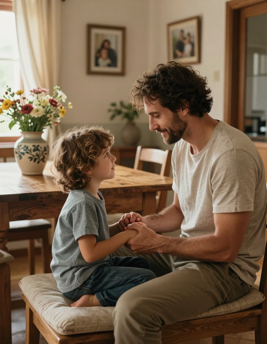 Famiglia in un momento di intimità e cura, luce naturale soffusa