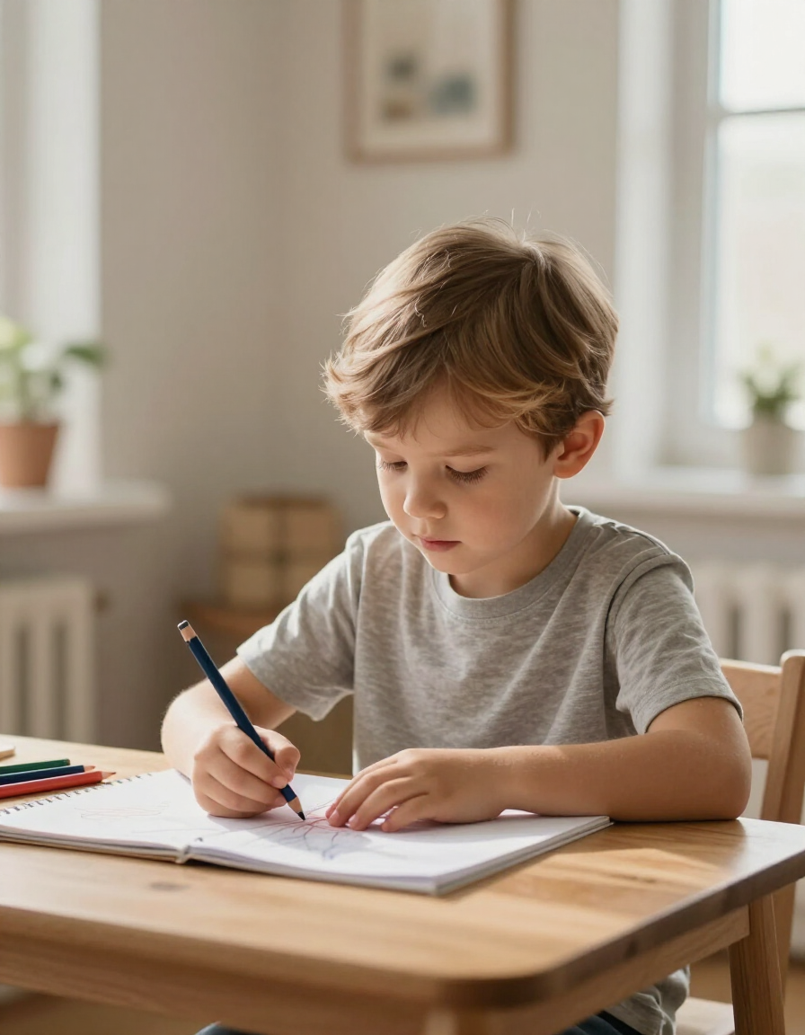 Bambino che disegna in uno spazio terapeutico