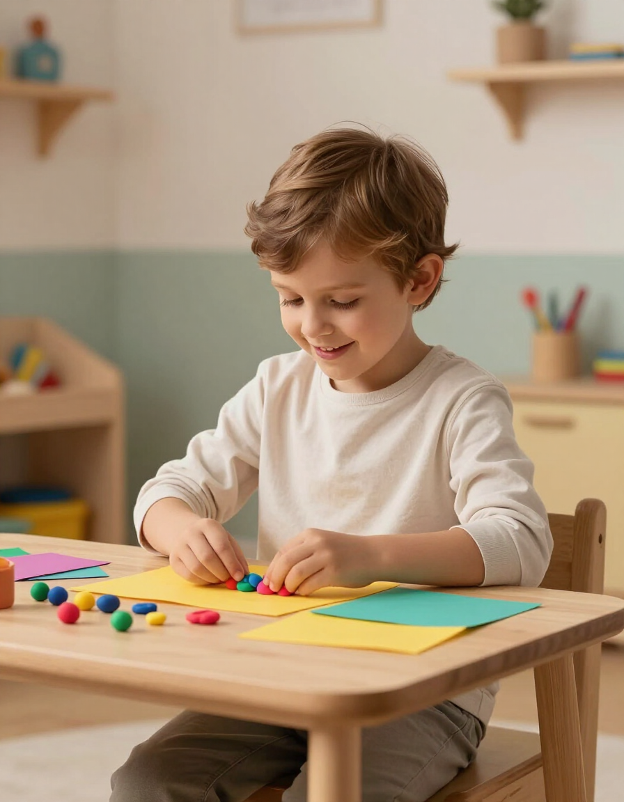 Bambino europeo che disegna con colori vivaci in uno spazio terapeutico