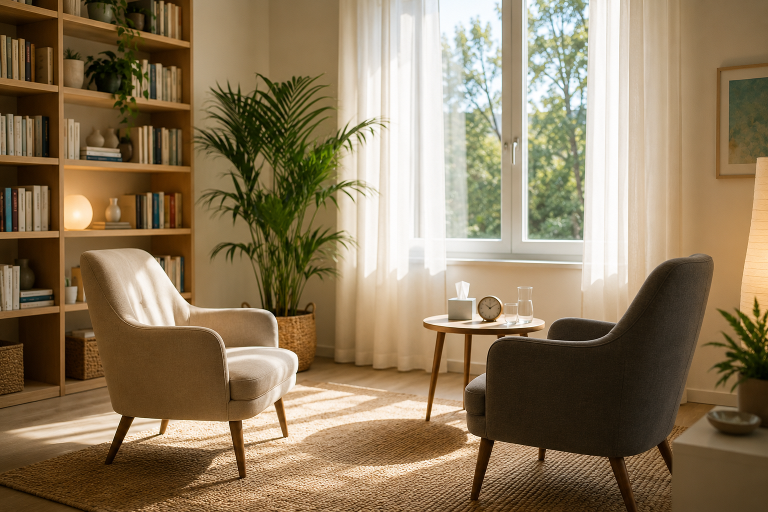 Studio terapeutico accogliente con poltrona e luce naturale