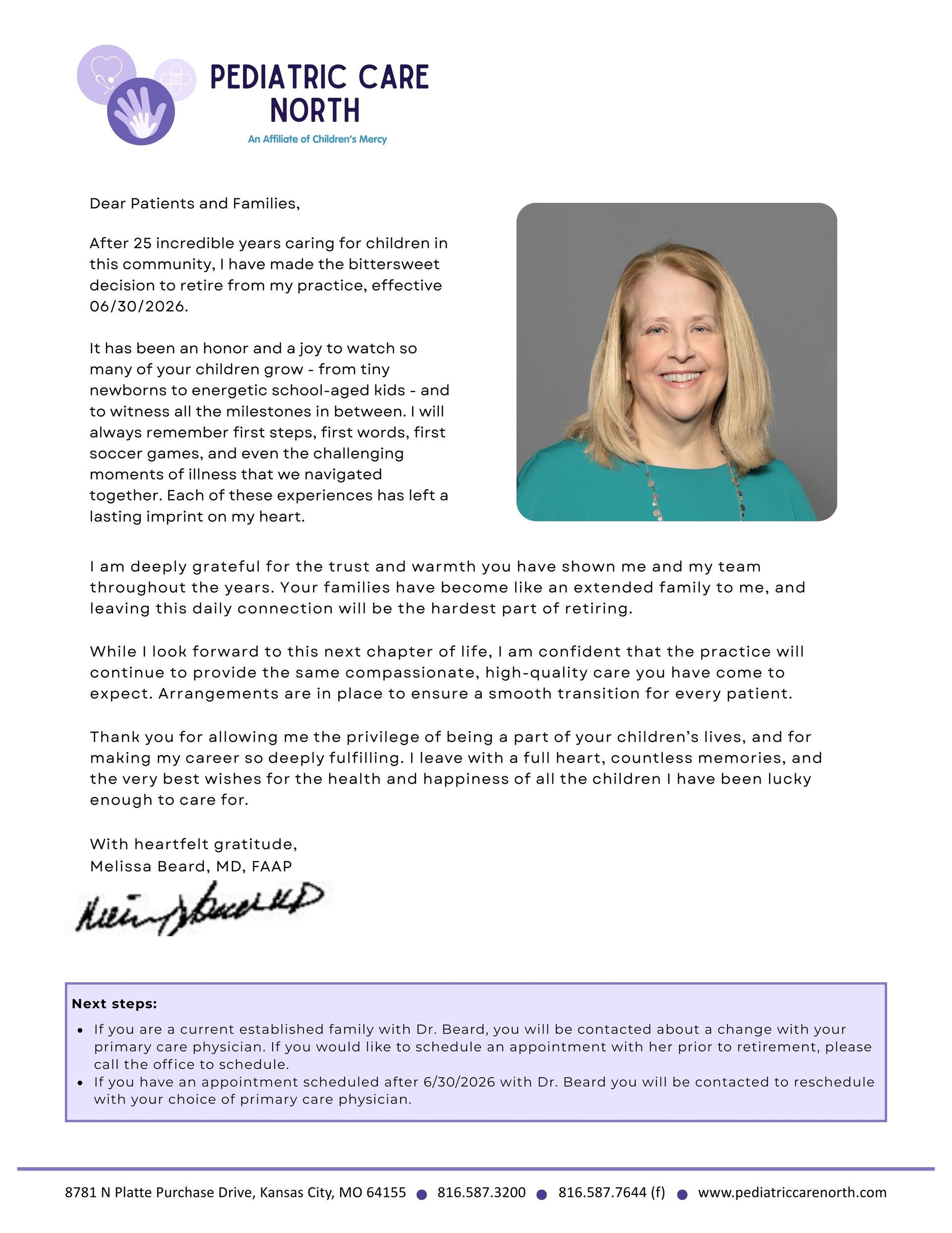 Pediatric Care North letter with doctor portrait and signature on a white page with purple accents