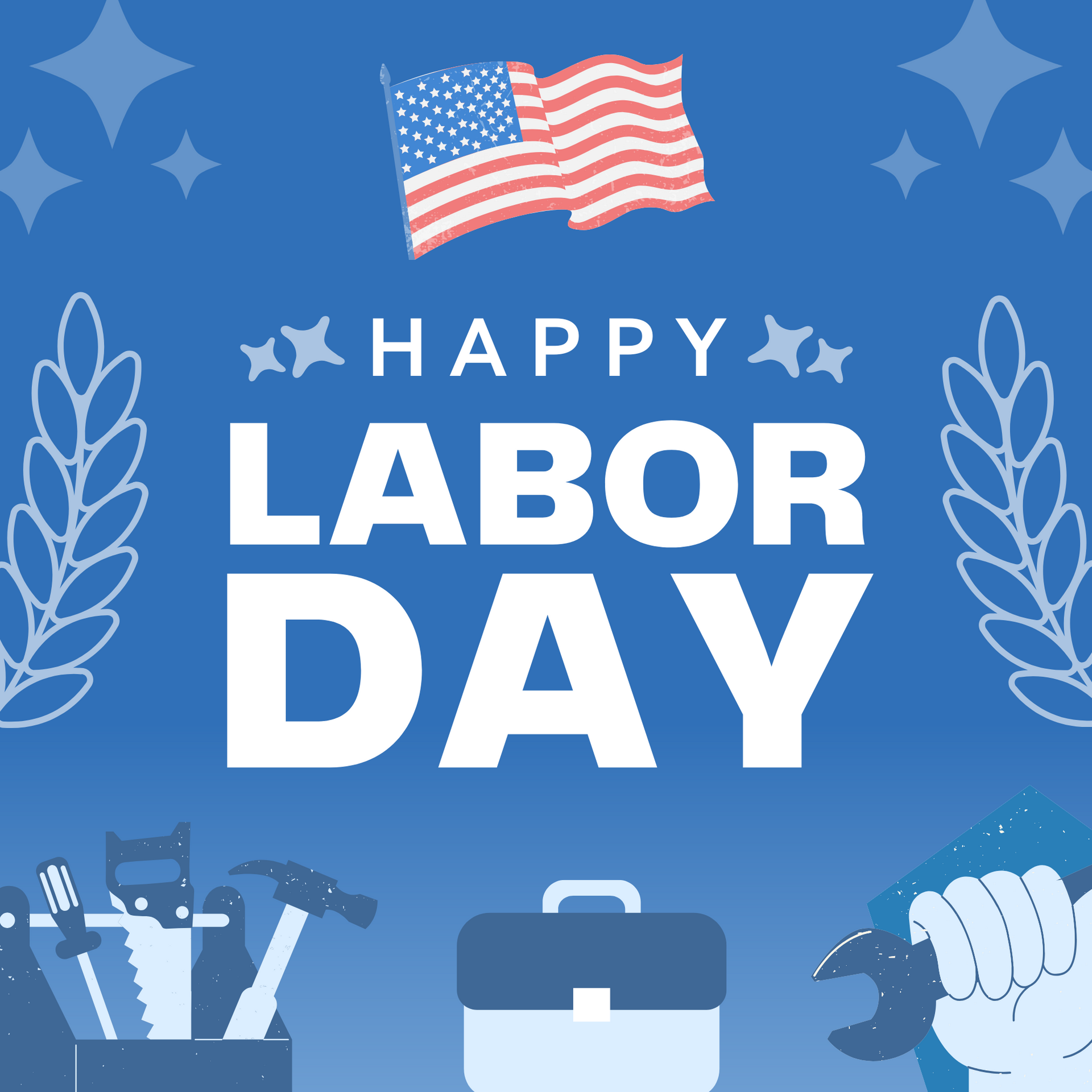 Blue Labor Day greeting with U.S. flag, tools, and briefcase icons.