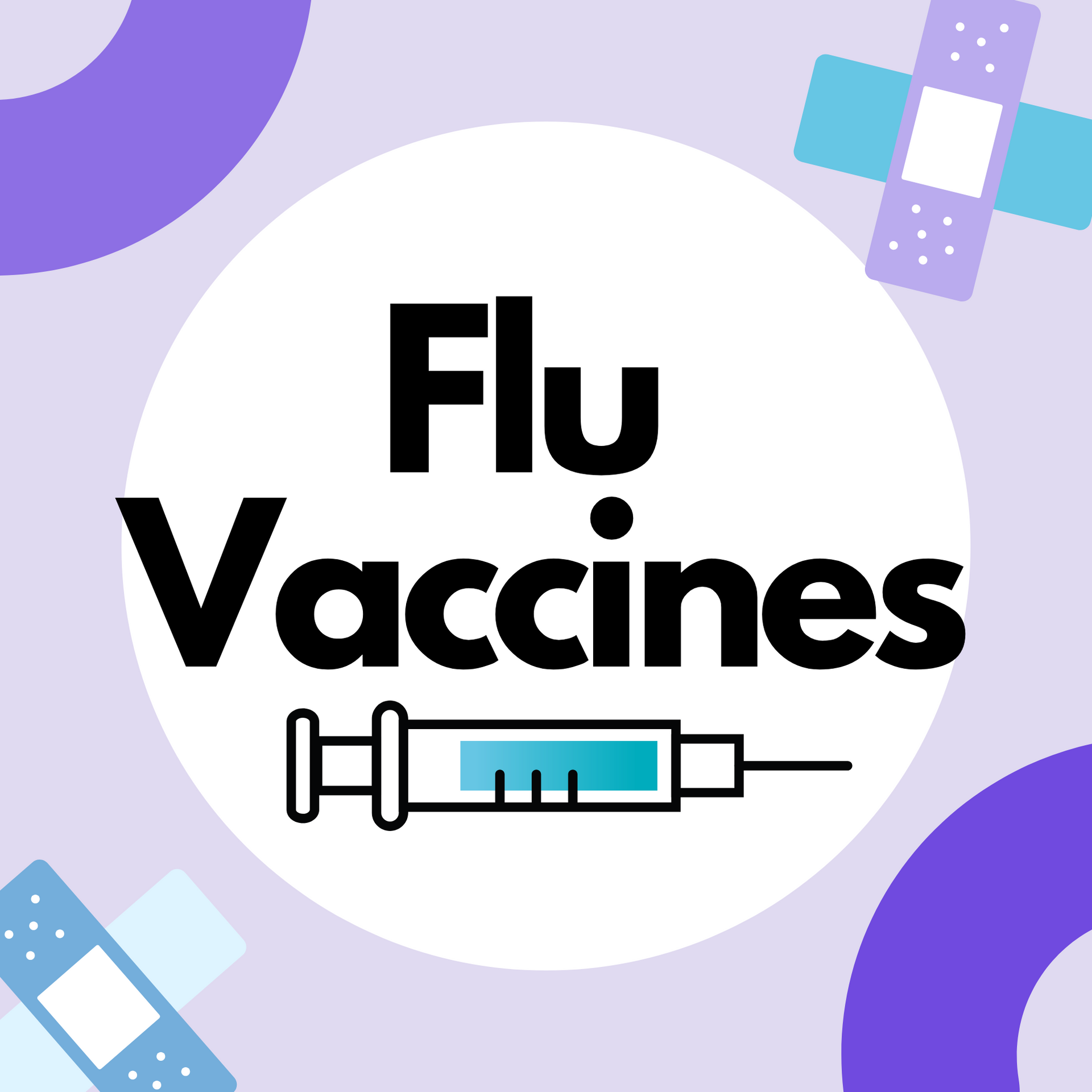 Flu Vaccines text with syringe icon on a white circle over a purple background