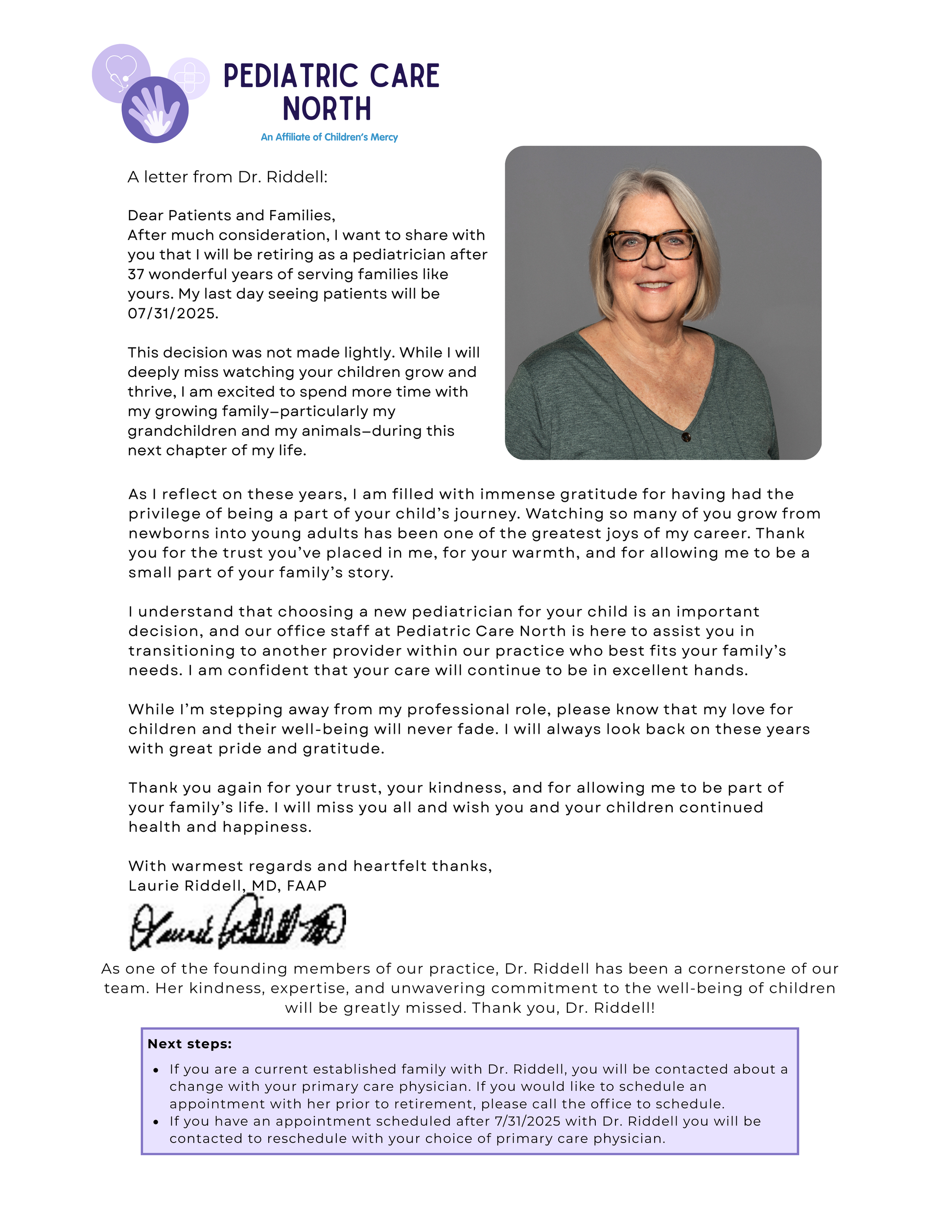 Pediatric Care North flyer with text blocks and a portrait photo of a smiling woman in glasses.