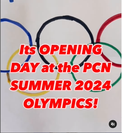 A poster that says its opening day at the pcn summer 2024 olympics
