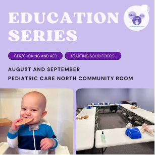 A baby is eating a cookie on a purple education series poster