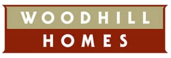 Woodhill Homes logo in white text on tan and red background