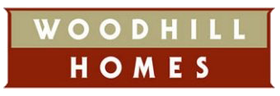Woodhill Homes logo in white text on tan and red background