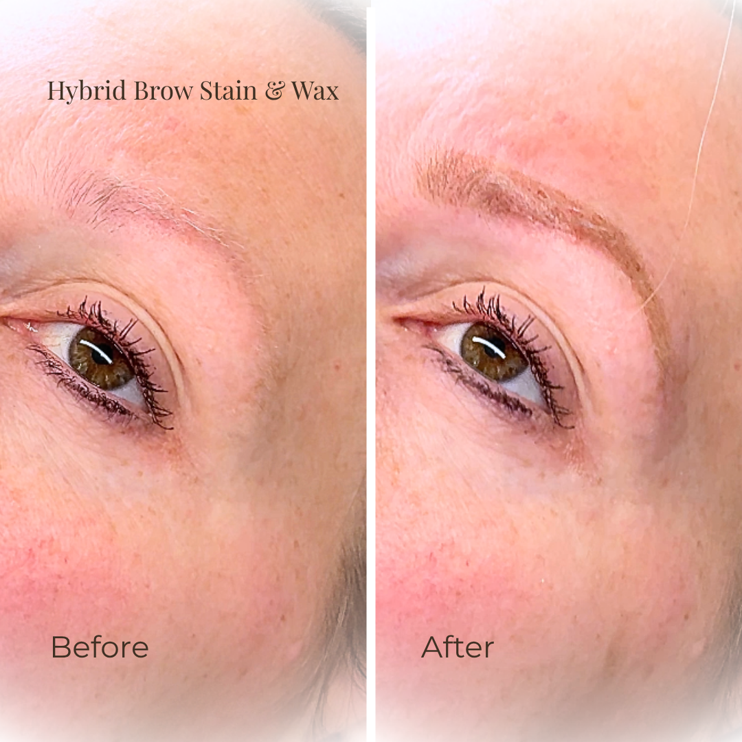 Hybrid brow stain before and after results in Bristol showing fuller defined brows at Jax-Glam
