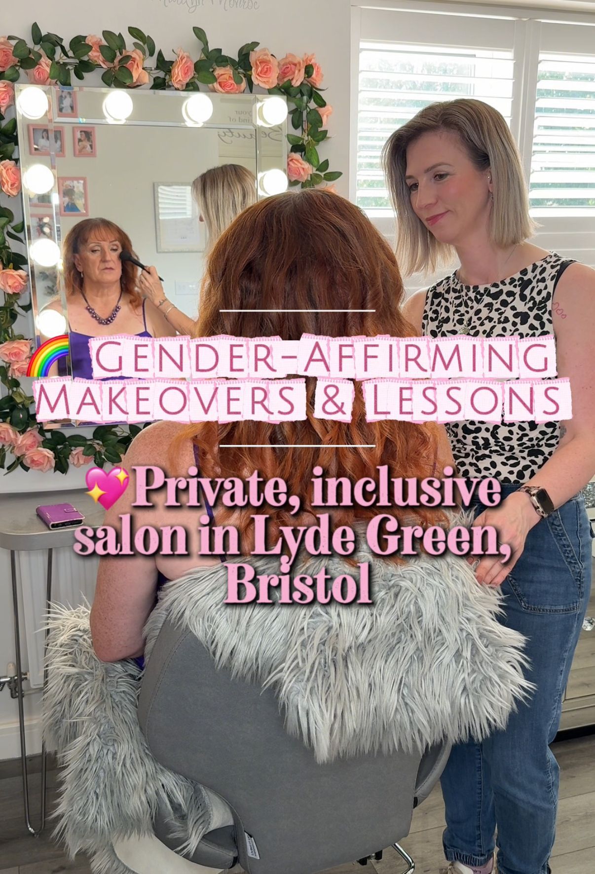 Transgender woman receiving a gender-affirming makeover at Jax-Glam Beauty salon in Bristol, inclusi