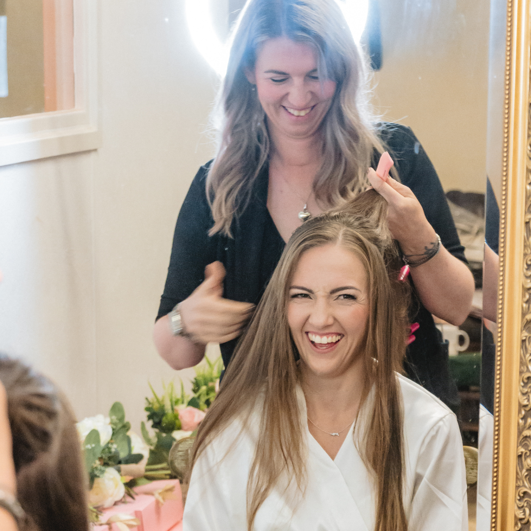 bridal hair styling in progress by Jax-Glam Beauty wedding hair stylist Bristol