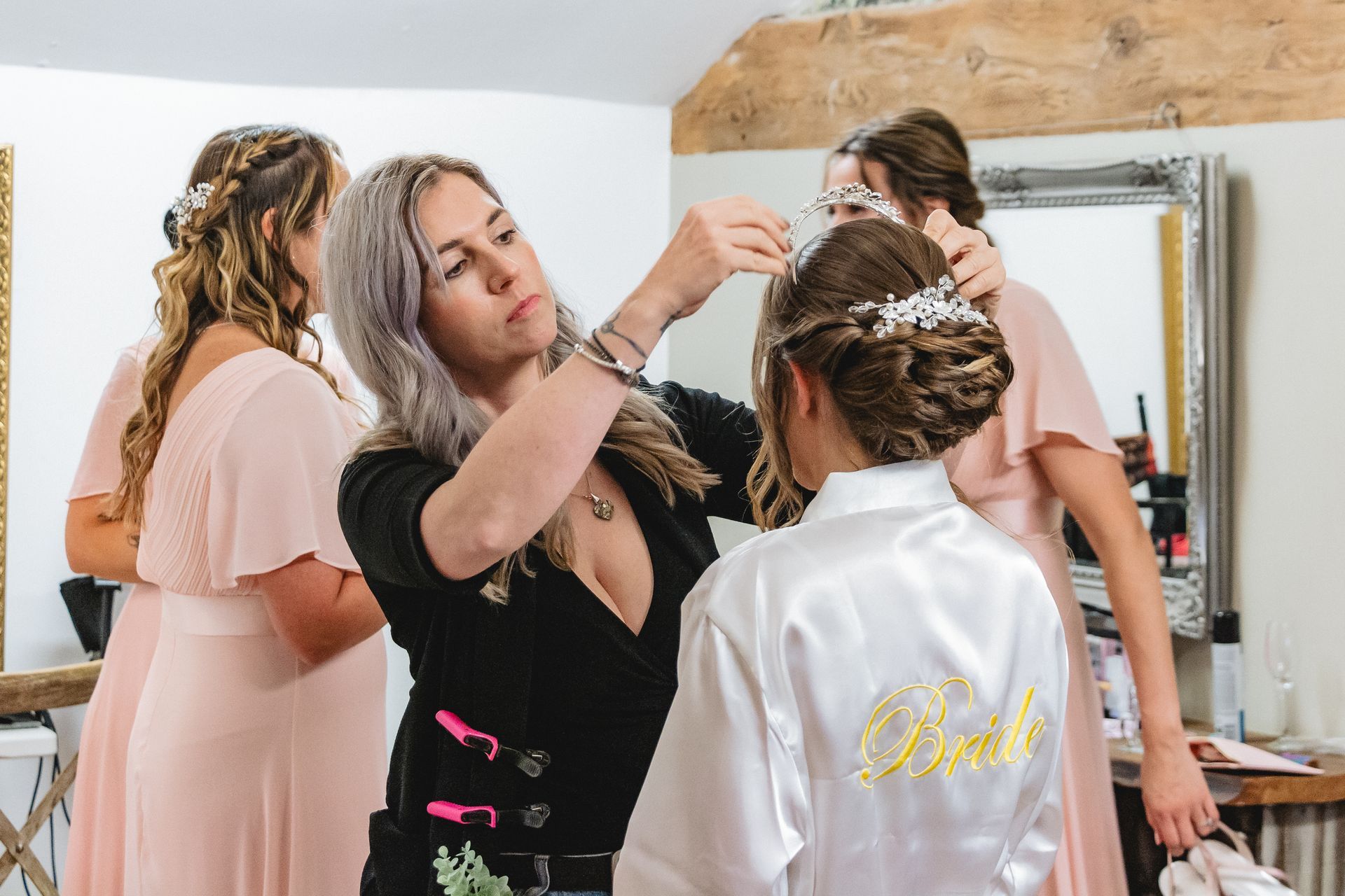 wedding hairstylist creating bridal updo for bride by Jax-Glam Beauty Bristol