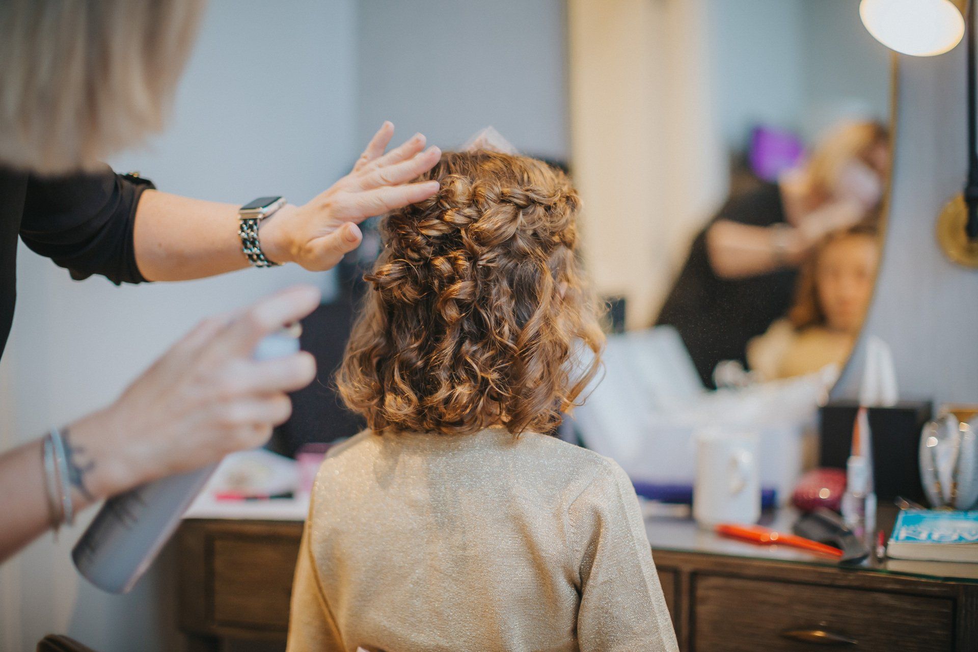 bridesmaid hair styling with curls by Jax-Glam Beauty wedding hair stylist Bristol