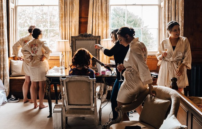 bridal hair and makeup preparation on wedding morning