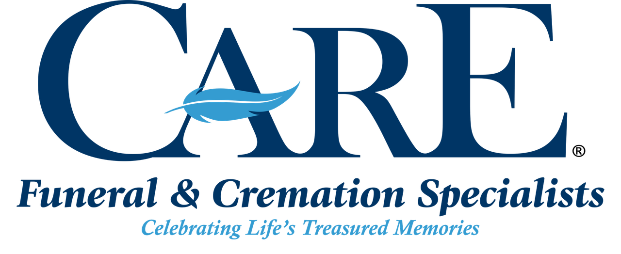CARE Funeral & Cremation Specialists logo with blue text and a teal dove icon, Calcutta and Wellsville Locations