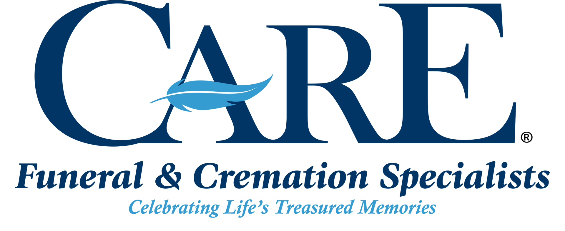 CARE Funeral & Cremation Specialists logo with blue text and a teal dove icon, Calcutta and Wellsville Locations