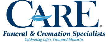 CARE Funeral & Cremation Specialists logo with blue text and a teal dove icon, Calcutta and Wellsville Locations