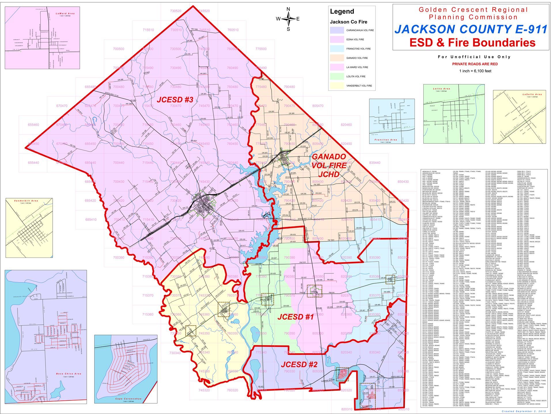 A color-coded map of Jackson County showing E-911 and fire district boundaries with several inset maps and a legend.