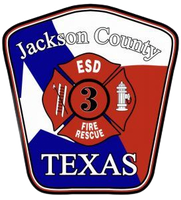 Shield-shaped logo for Jackson County ESD 3 Fire Rescue, Texas, featuring a central red fire cross emblem.