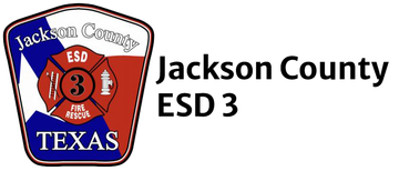The logo for Jackson County ESD 3, featuring a Texas-flag shield, a red fire rescue emblem, and the department's name.