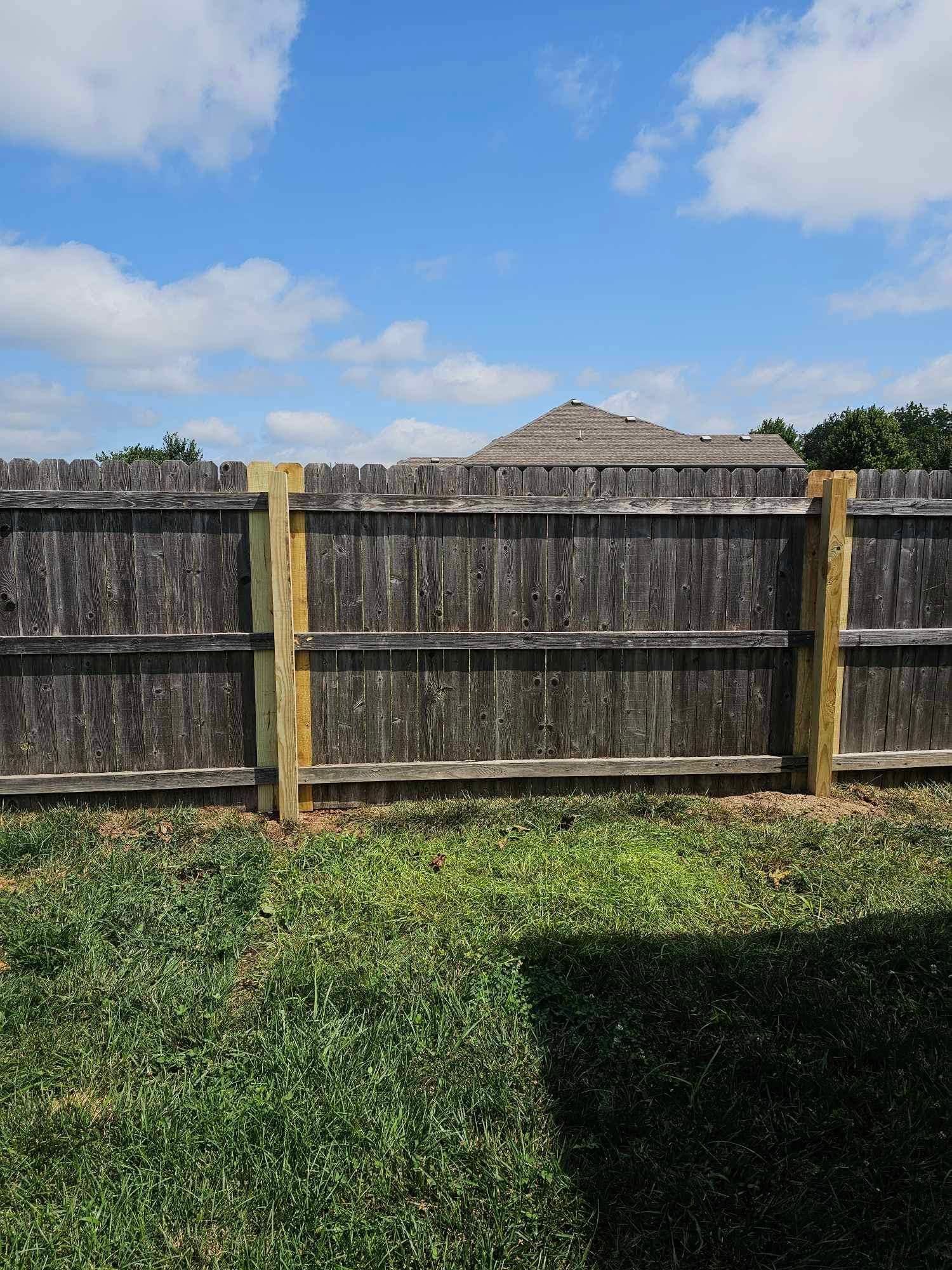 Person beside a long wooden fence in a grassy backyard, with houses and trees in the background