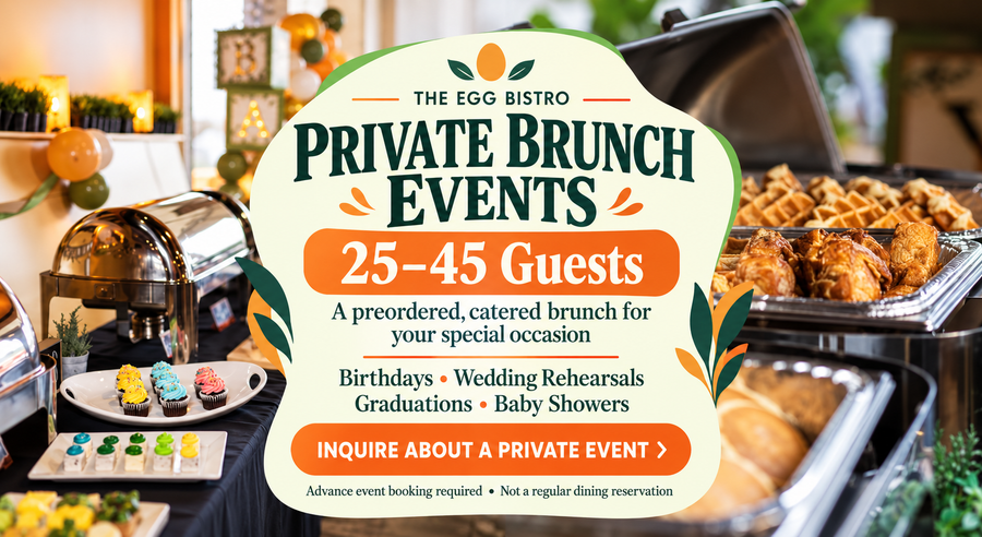 Promotional brunch buffet with a “Book a Private Brunch Reservation” sign and “special occasion?” banner