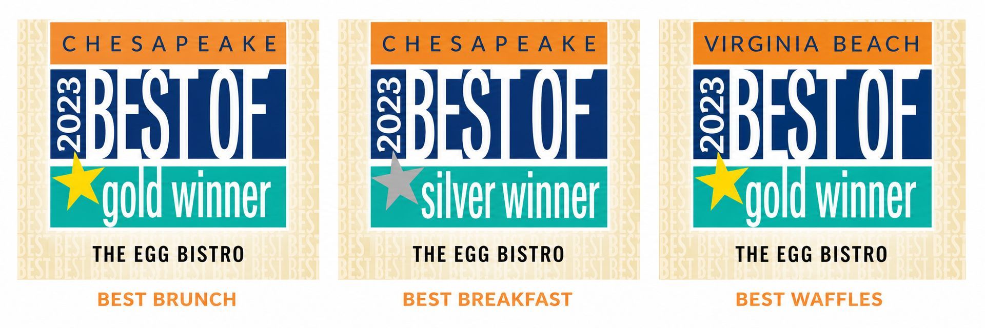 Three Chesapeake Bay Magazine award badges for 2023: gold, silver, and gold winner.