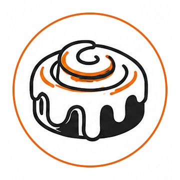 Black-and-white cinnamon roll icon with orange accents inside an orange circle