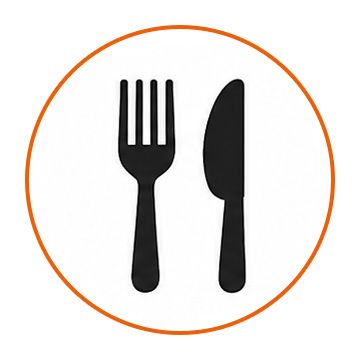 Black fork and knife inside an orange circle on a white background
