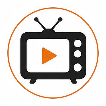 Black retro TV icon with orange play button and orange outline circle