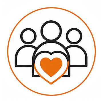 Three outlined people with an orange heart in front, inside an orange circle