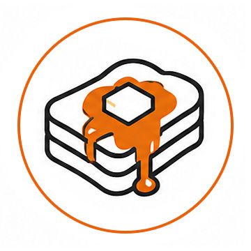 Orange-and-black logo of layered pancakes topped with melting syrup in a circle