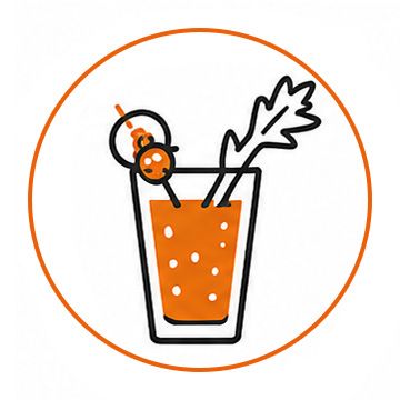 Orange cocktail in a glass with garnish and straw inside a circular orange outline