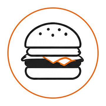 Black burger icon with orange accent line inside an orange circle