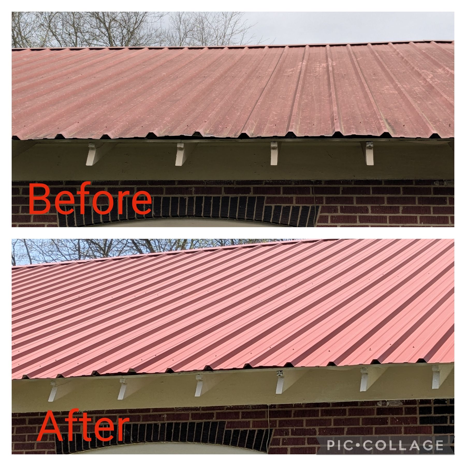 Before-and-after of a red metal roof, showing a cleaned and brighter finish above a brick wall.