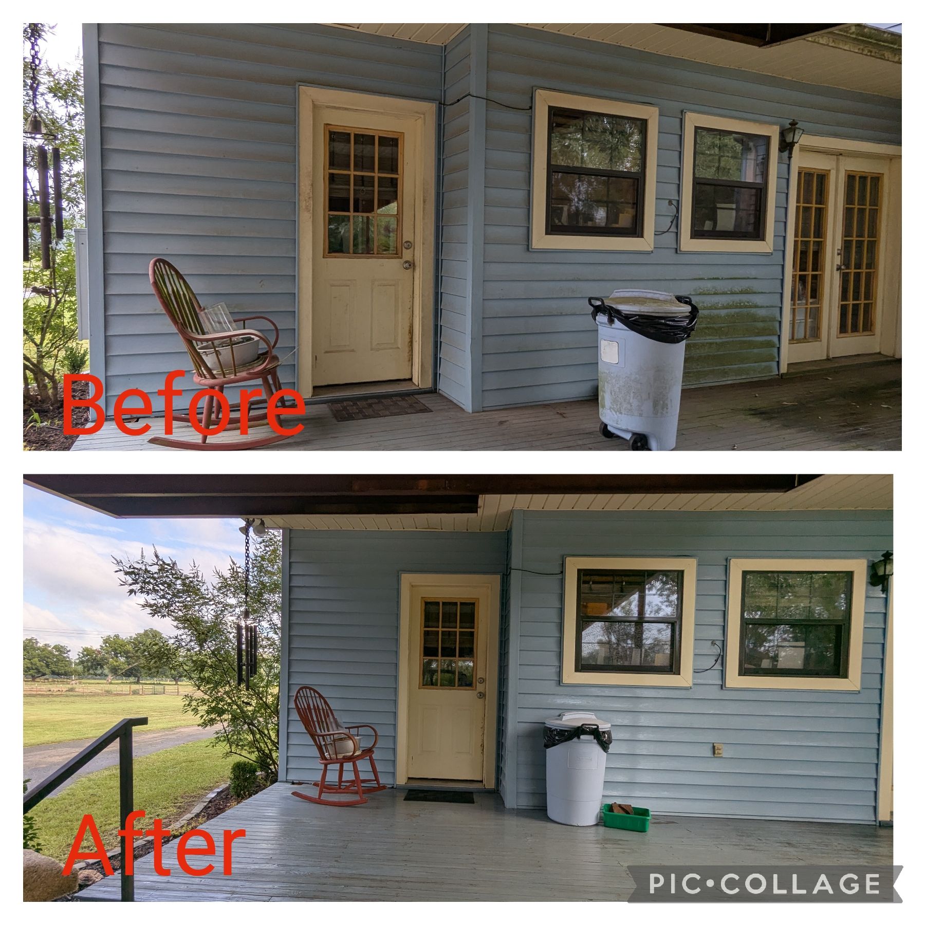 Before-and-after porch renovation of a blue house with a cream door and new railing.