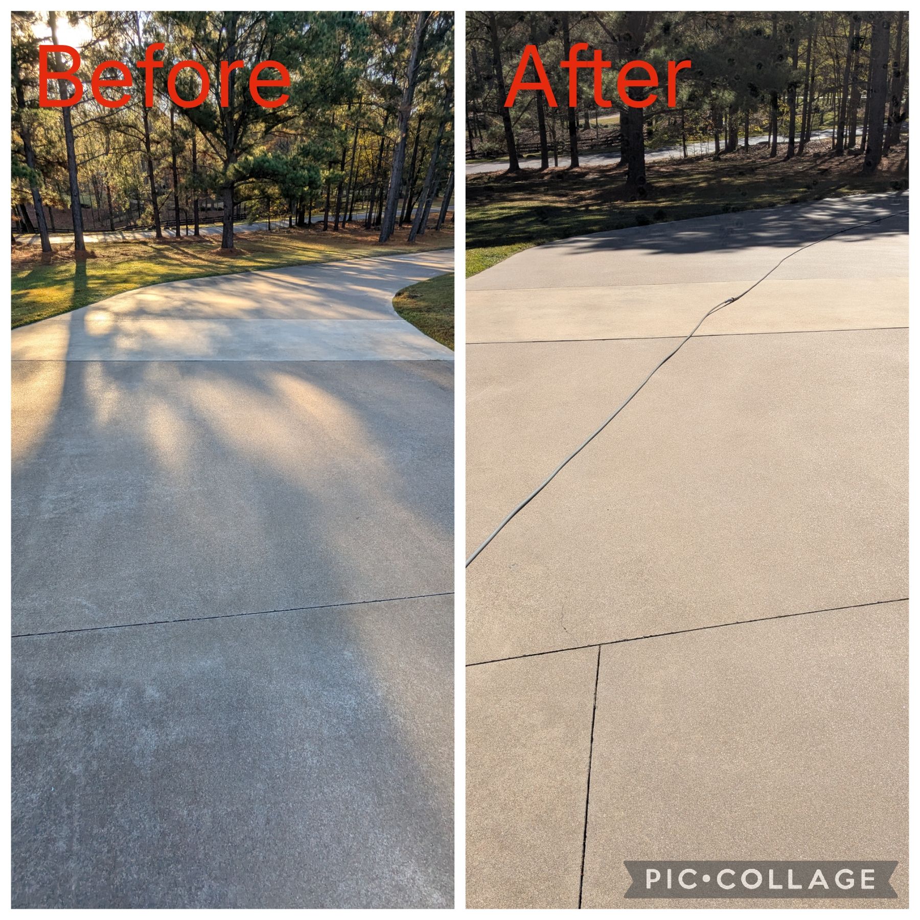 Before-and-after driveway repair: cracked concrete before, smooth tan resurfaced driveway after, with trees nearby