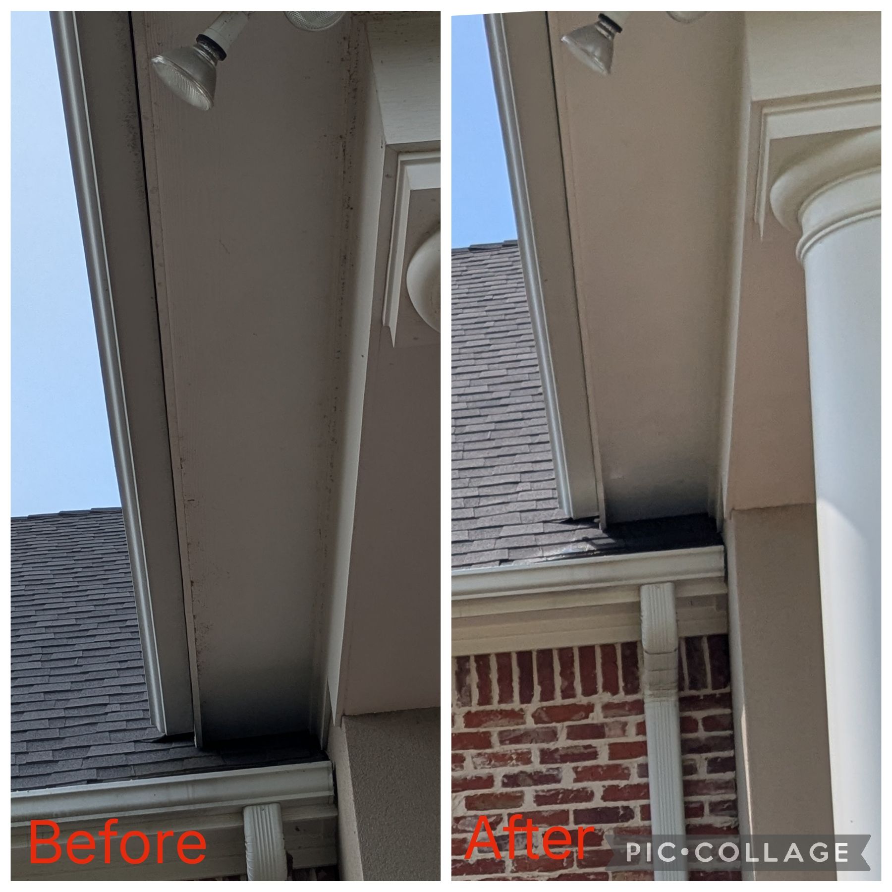 Before-and-after of a roof soffit repair, showing a damaged gap sealed and finished neatly.