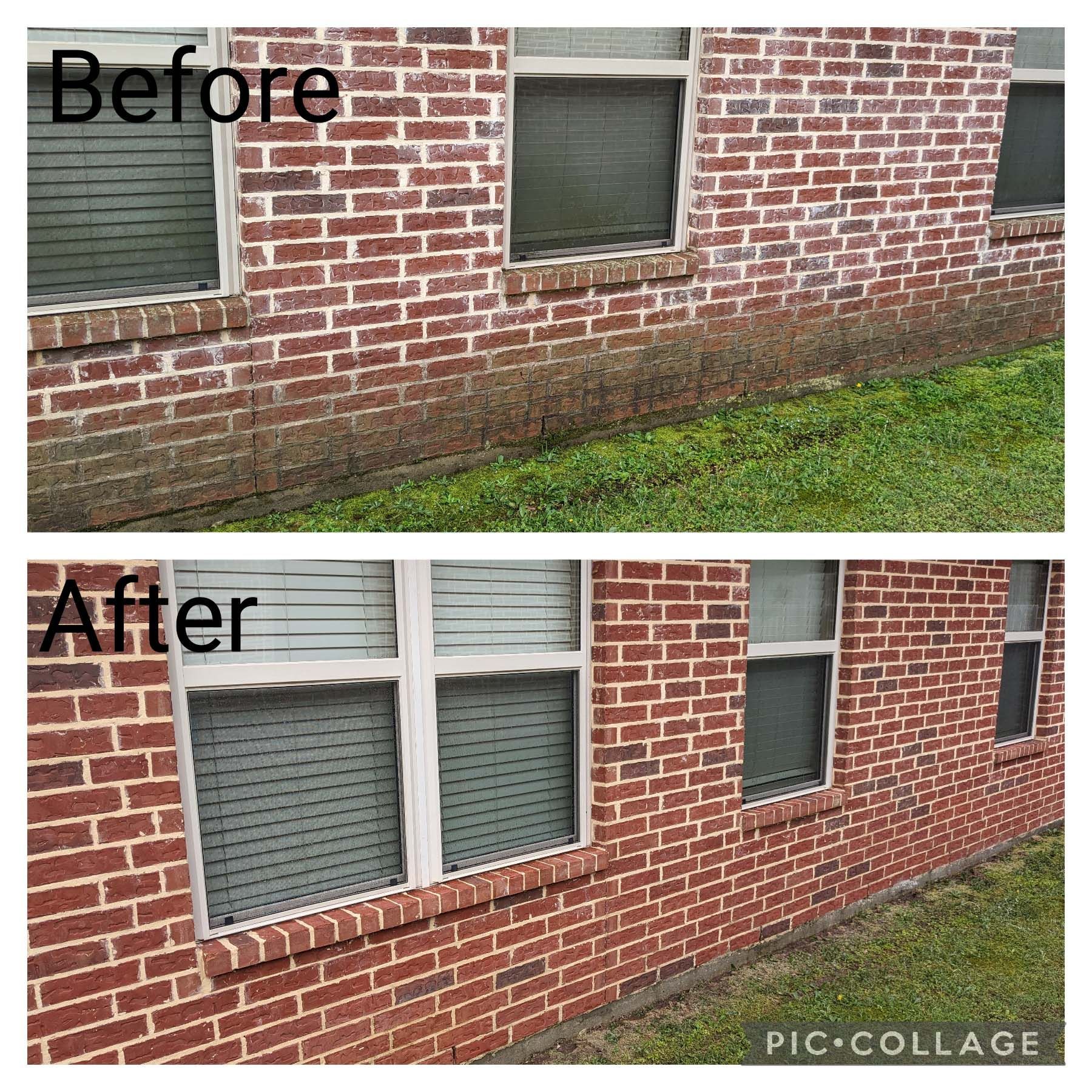 Before-and-after collage of a brick house wall with updated windows and trim.