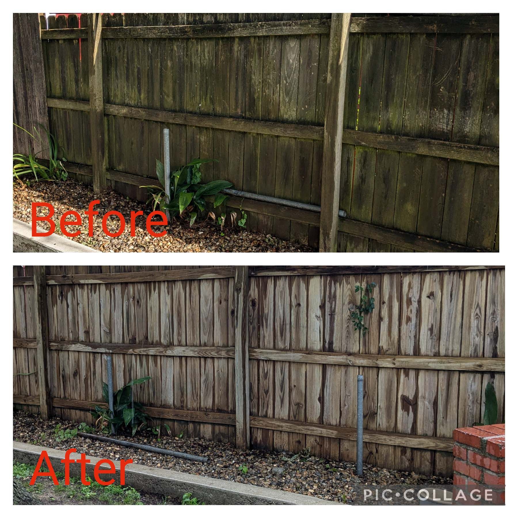 Before-and-after view of a weathered wooden fence cleaned to a lighter gray