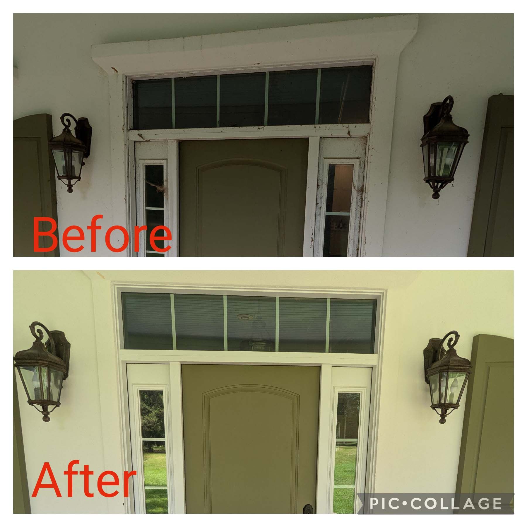 Before-and-after porch entry with newly painted white trim and transom windows around the door.