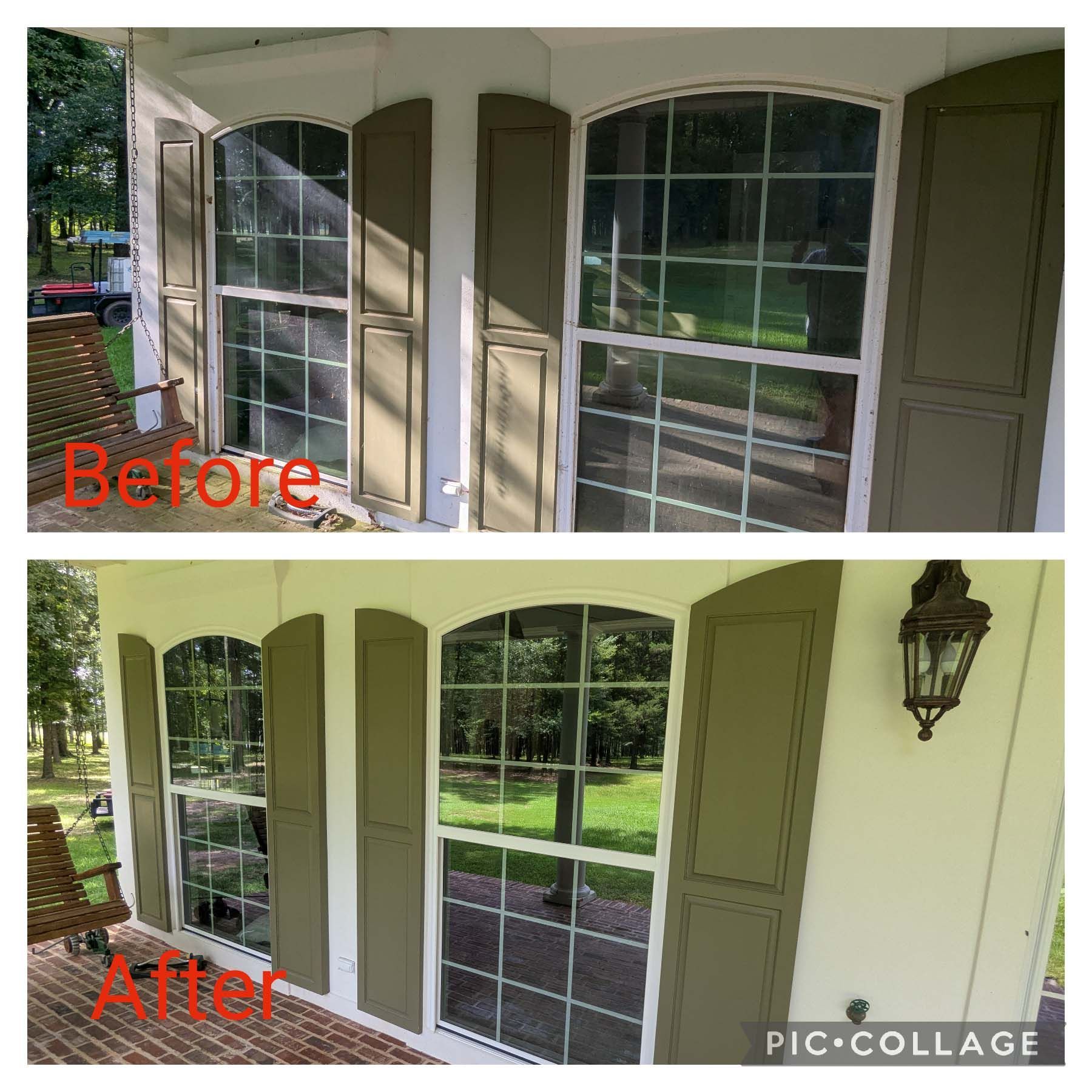 Before-and-after of a house porch with new white shutters beside large windows.