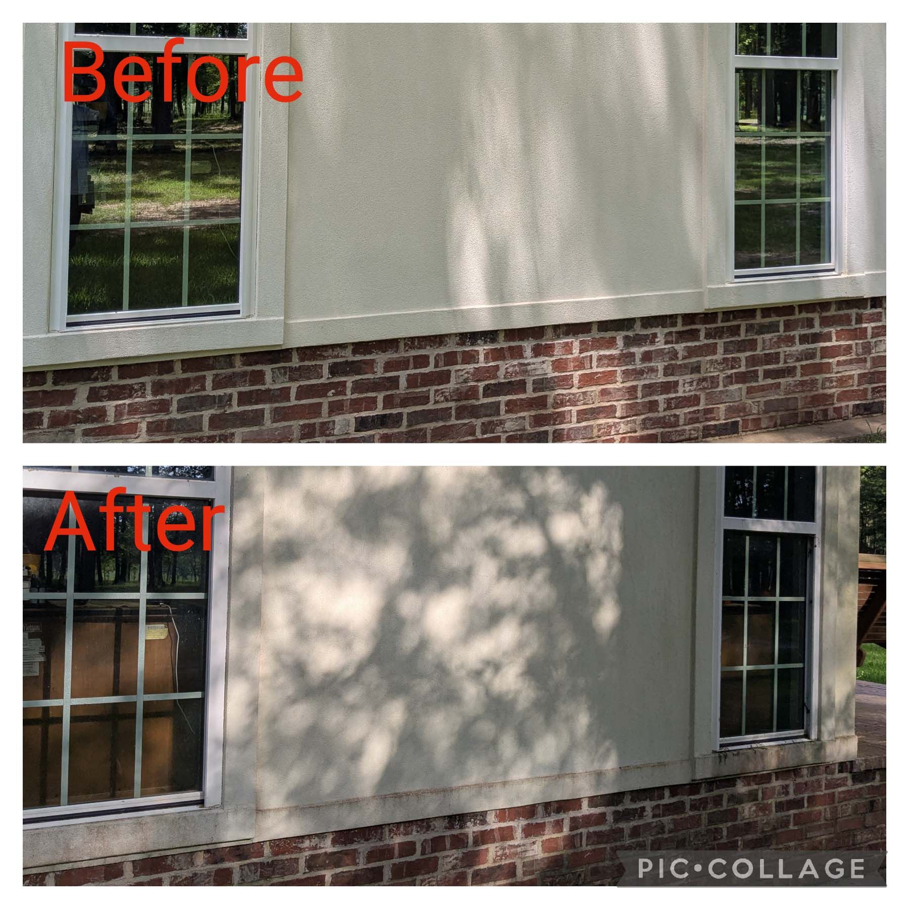 Before-and-after of a house wall and windows, showing added tree shadows on the lower image.