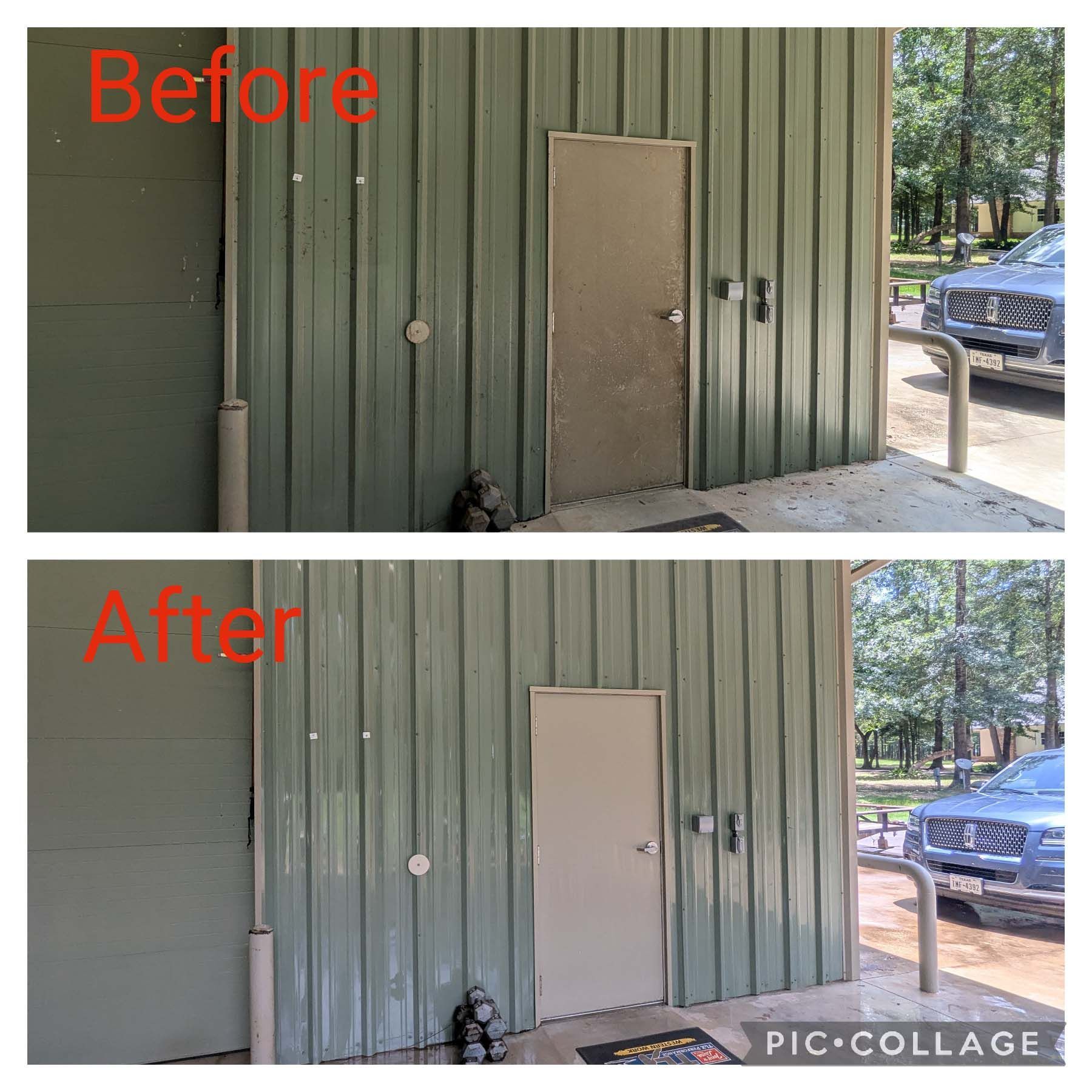 Before-and-after collage of a green building wall with a door, showing a repainted beige door and trim.