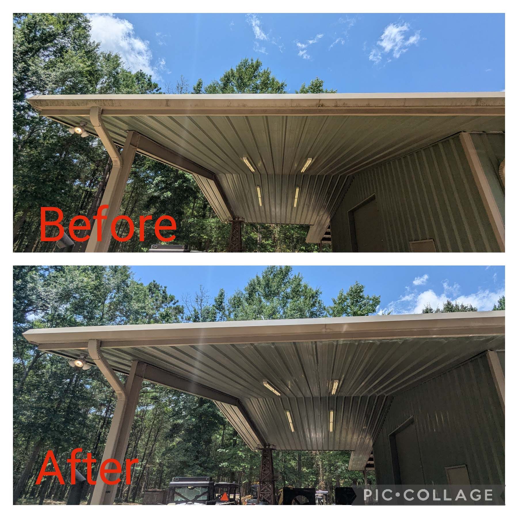Before-and-after view of a carport roof with added support beam, trees and blue sky behind.