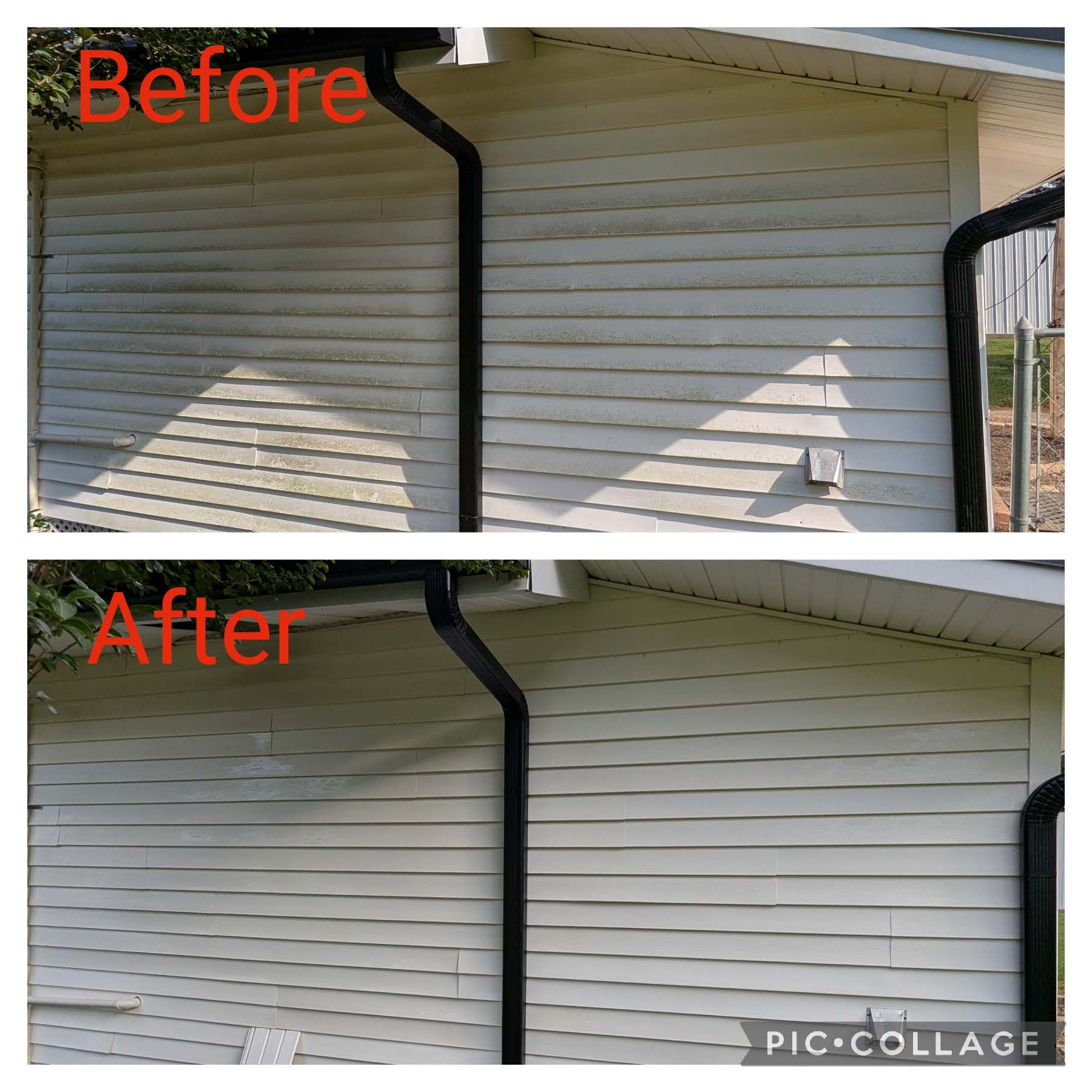Before-and-after of a house exterior with freshly painted white siding and dark trim, shown side by side.