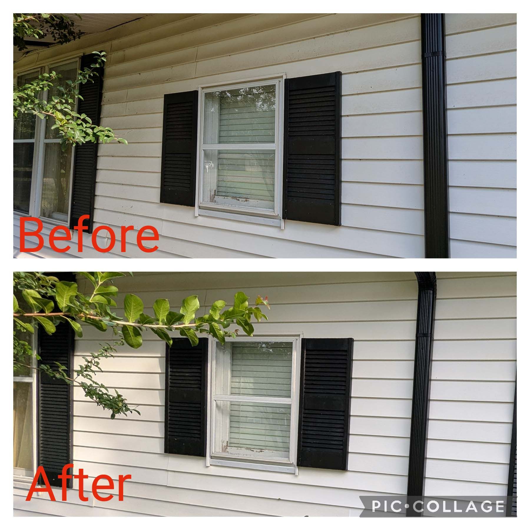 Before-and-after of a house window with black shutters; after view has added greenery and better lighting.